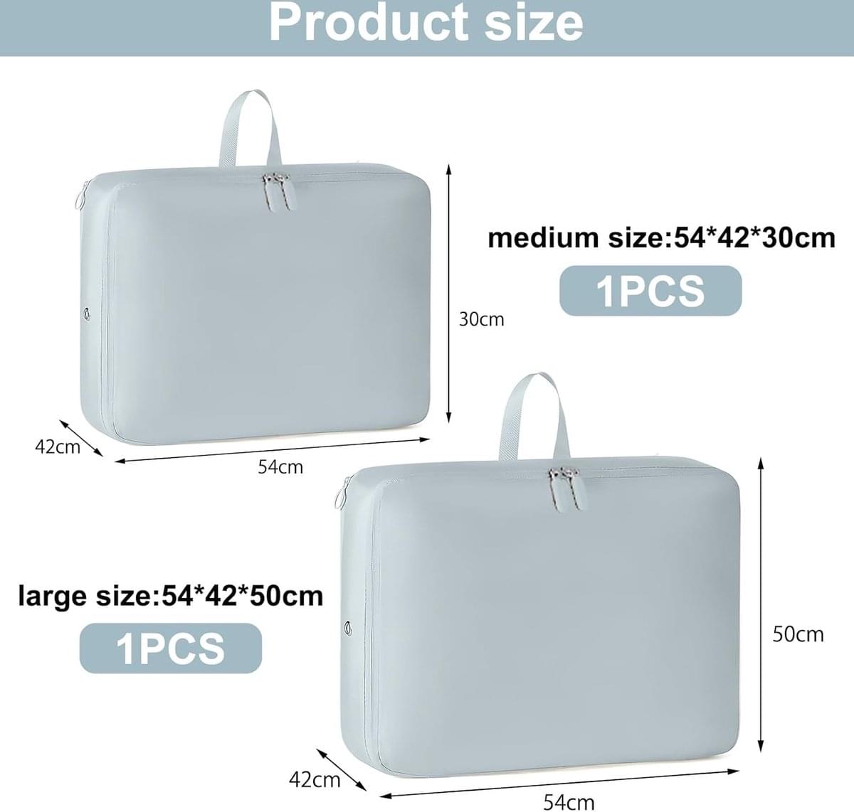 Light blue storage bag with carry handles, shown in two sizes