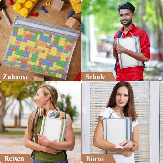 Transparent mesh zipper storage bag holding colorful building blocks