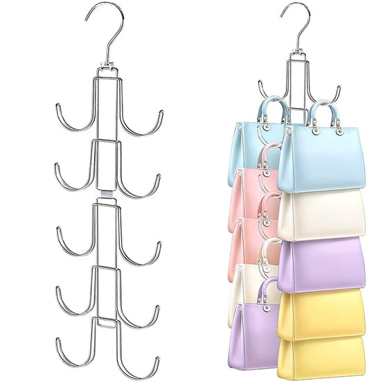 Silver multi-hook rack with hanging bar and curved hooks, shown with handbags