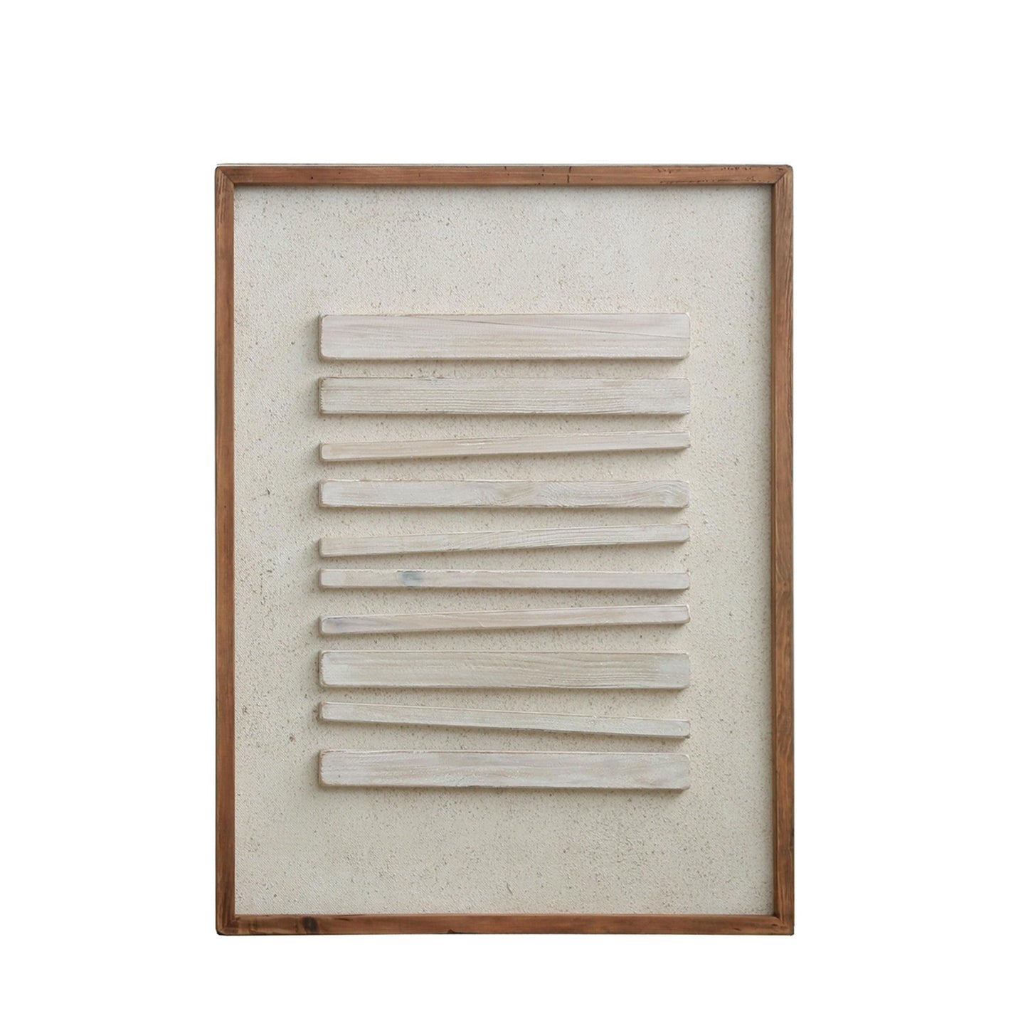 Wall art with square wooden frame and stacked raised horizontal bars on textured panel