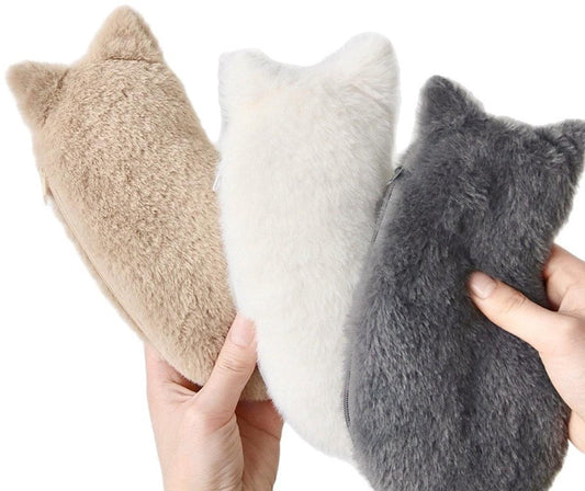 Cat-shaped fuzzy pencil pouches, beige white and dark gray in hand