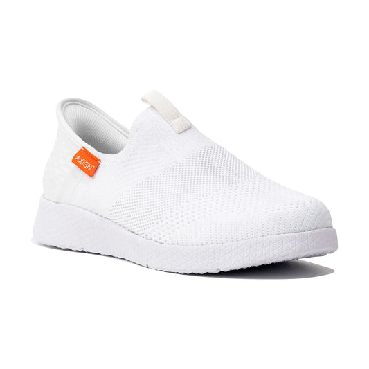 White slip-on shoe with elastic collar, cushioned insole, textured knit upper