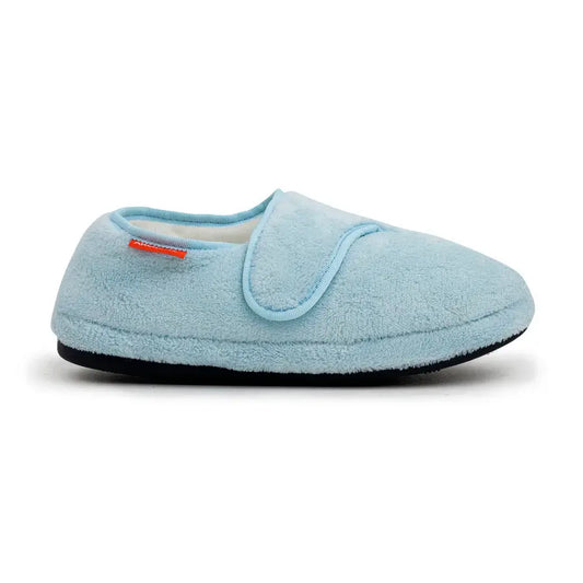 Baby blue plush slip-on slipper with padded strap and grippy dark sole
