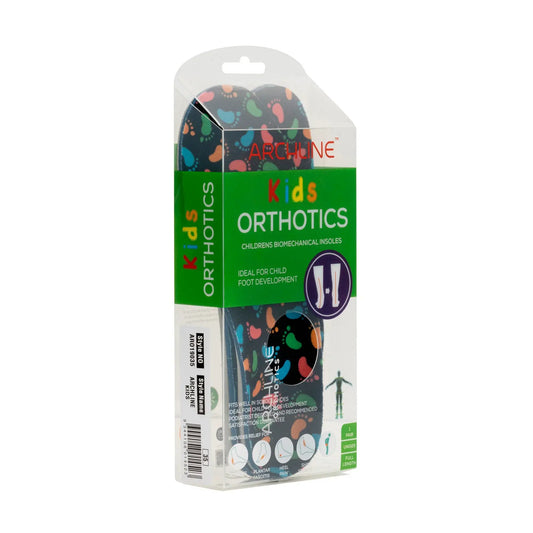 Kids orthotics in box packaging with colorful pattern design on insoles
