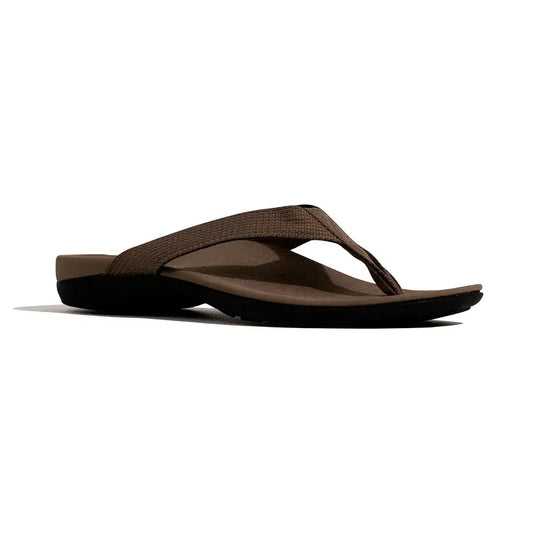 Khaki orthotic thong sandal with single toe post and cushioned sole