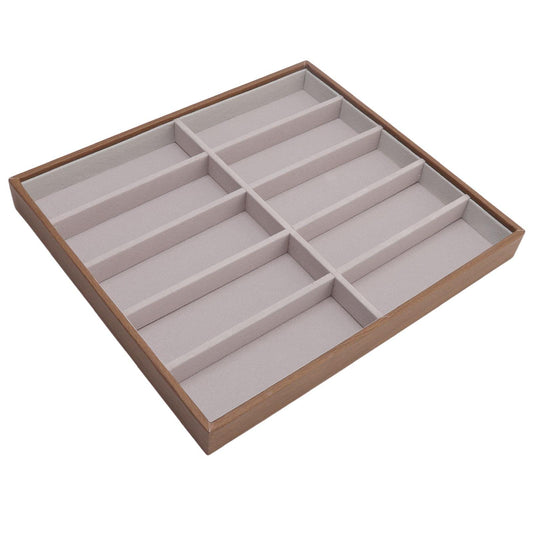 Woodgrain sunglasses storage tray with 10 divided slots and light beige padded inserts.