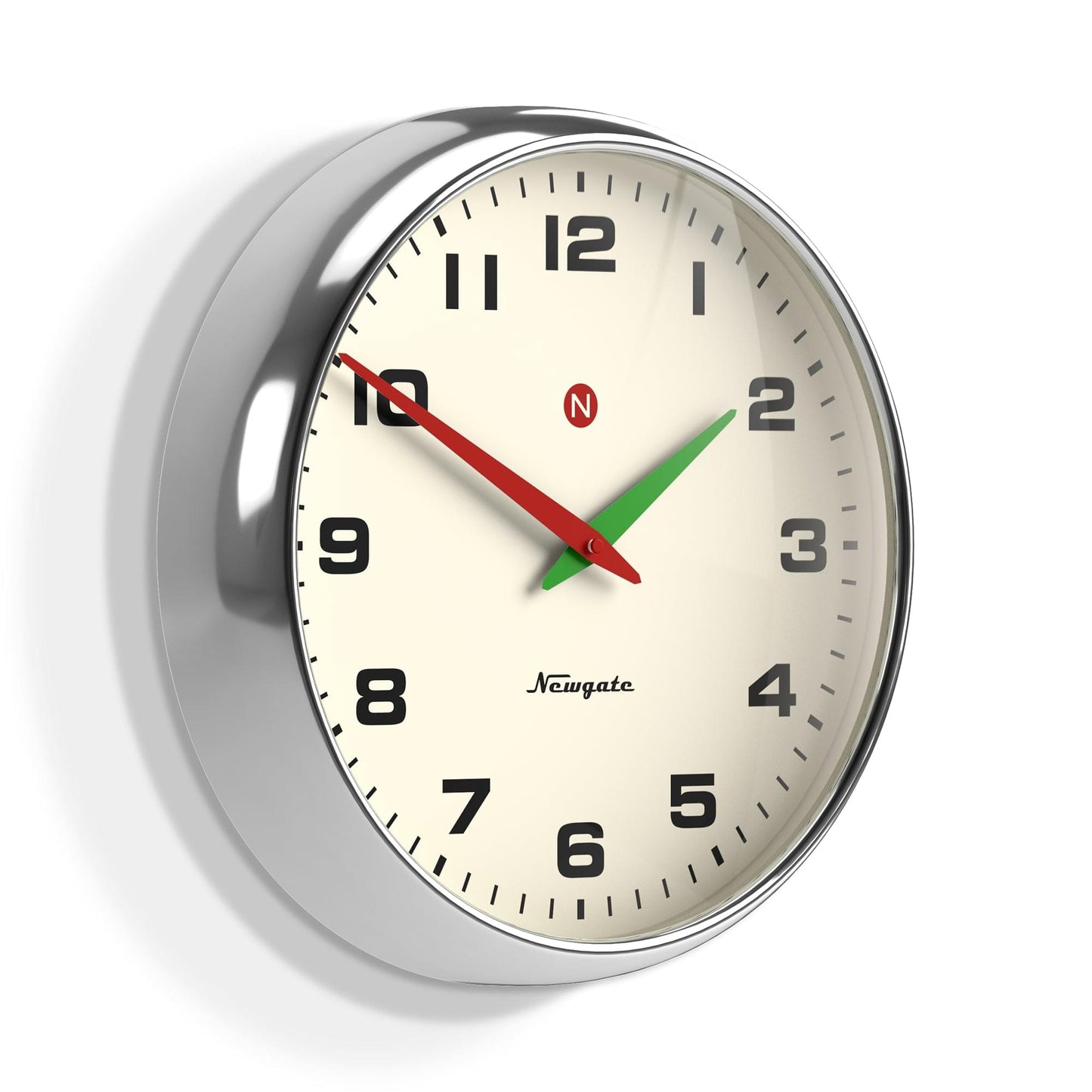 Chrome wall clock with cream dial, Arabic numerals, and red/green hands