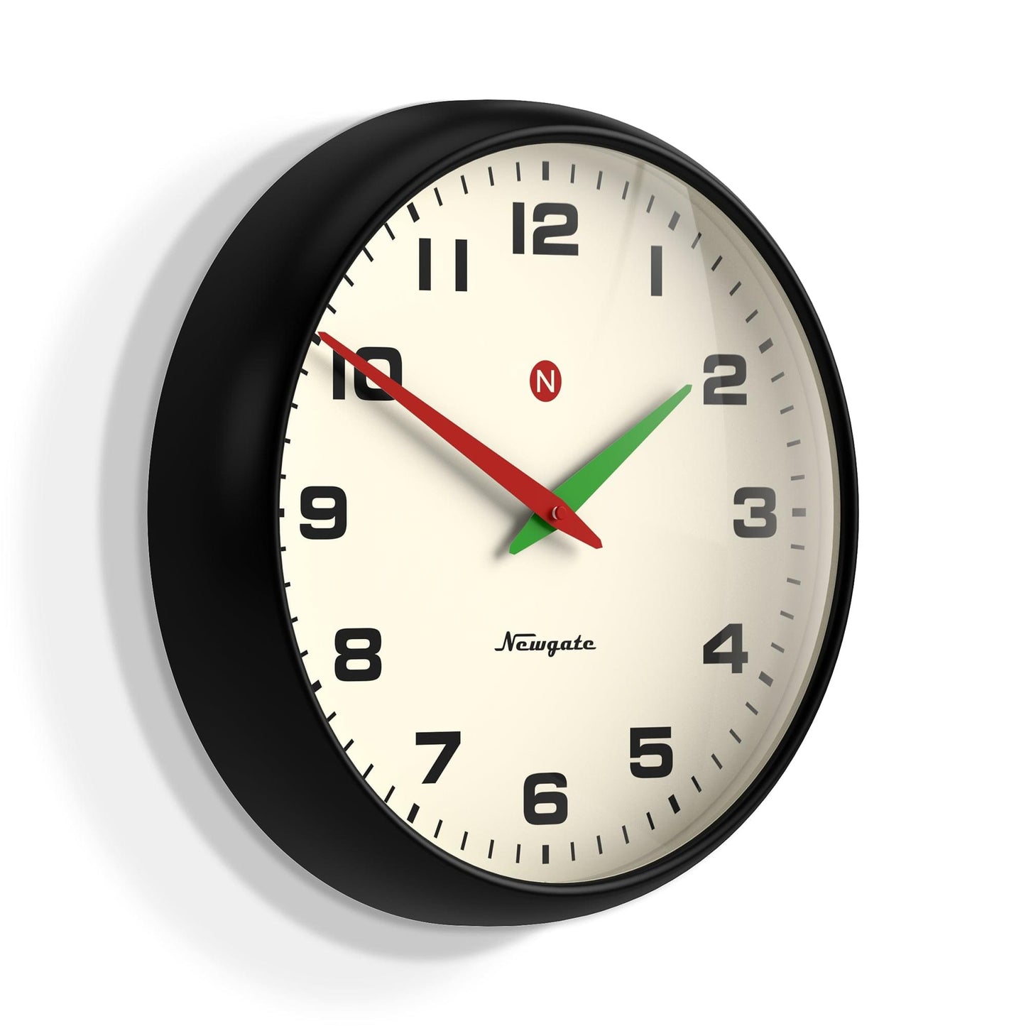 Black wall clock with cream face, red minute hand and green second hand, Arabic numbers