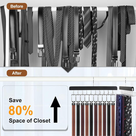 Closet belt tie hanger with black bar and chrome hook rack holding patterned ties.