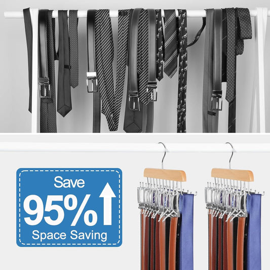 Belt and tie hanger rack with multiple flat and curved hooks for closet storage