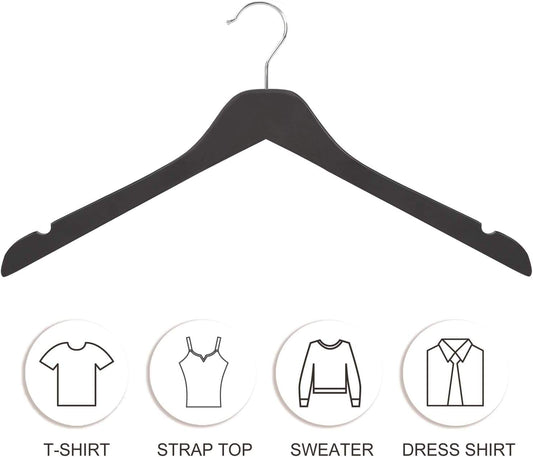 Black wooden clothes hanger with curved shoulders and shirt notch detail