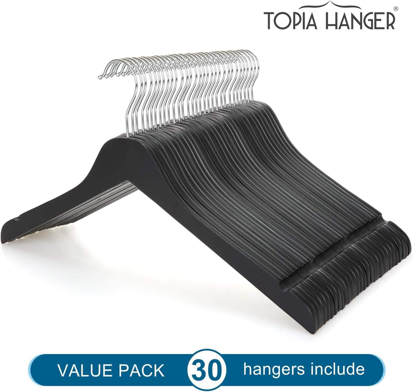 Black wooden clothes hangers 30-pack with silver metal hooks and stacked design