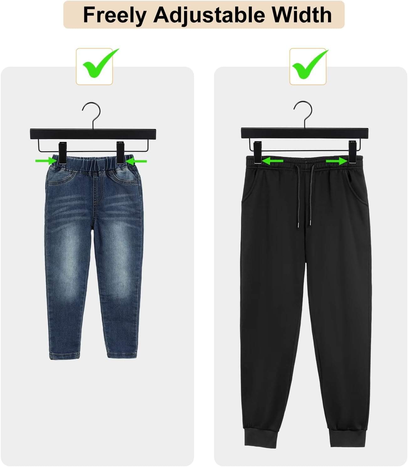 Adjustable-width black pants hangers shown on jeans and black sweatpants