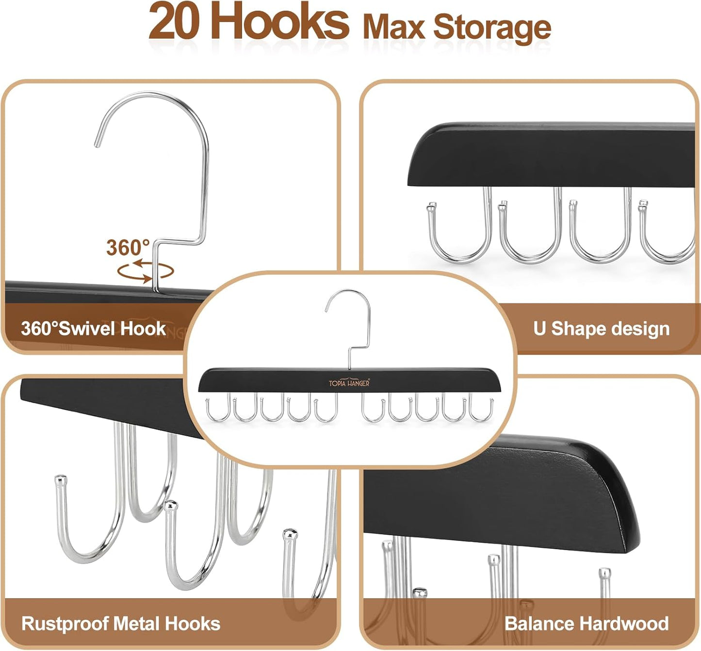 TOPIA HANGER Bra Hanger for Closet, 2 Pack Tank Top Hangers 40 Hooks Capacity Foldable Wood Space Saving Hangers Closet Organizer for Tank Top, Bra, Scarf, Belt, Tie etc - CT46B-2