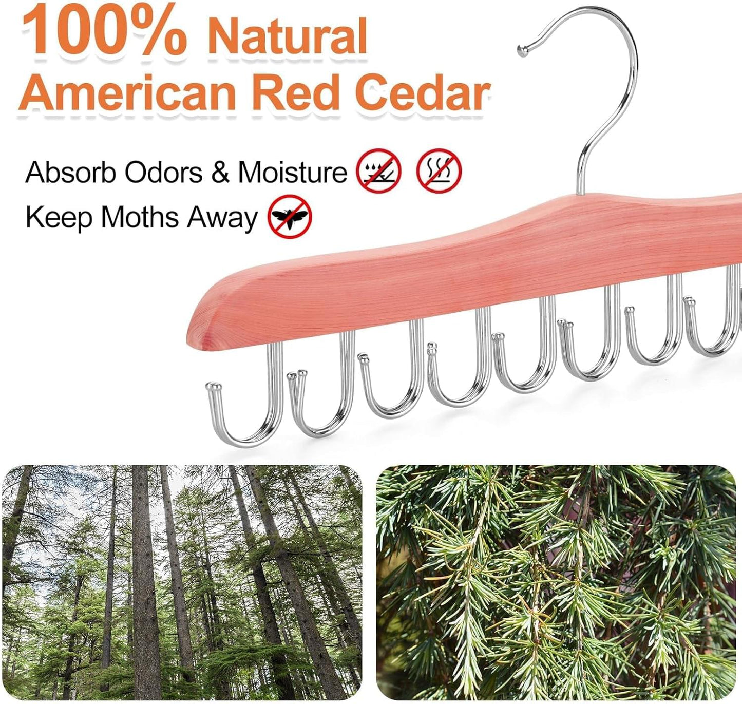 Cedar wood hanger with curved hook and 6-finger metal tie storage design