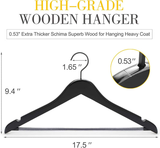 Black wooden hanger with curved shoulders and extra-thick, arched hook