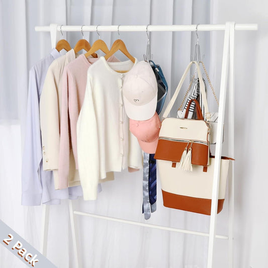Silver 2-pack purse hook hangers on closet rod, holding handbags