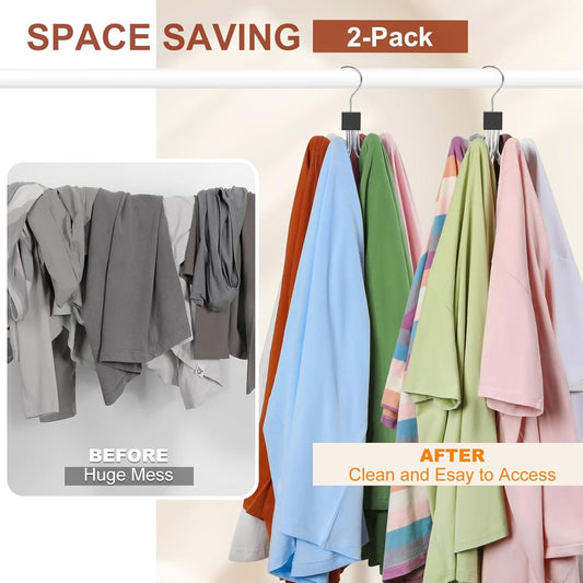 2-pack space-saving hangers with multi-ball arms holding folded clothing
