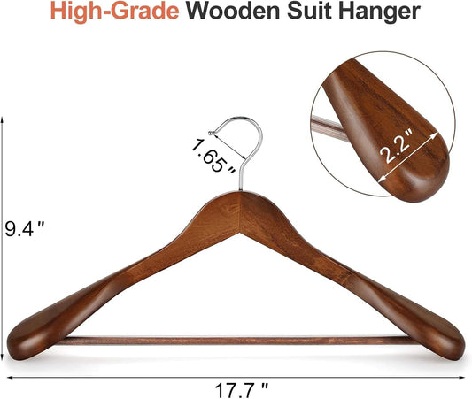 Walnut wooden suit hanger with wide arms and curved chrome hook, side profile