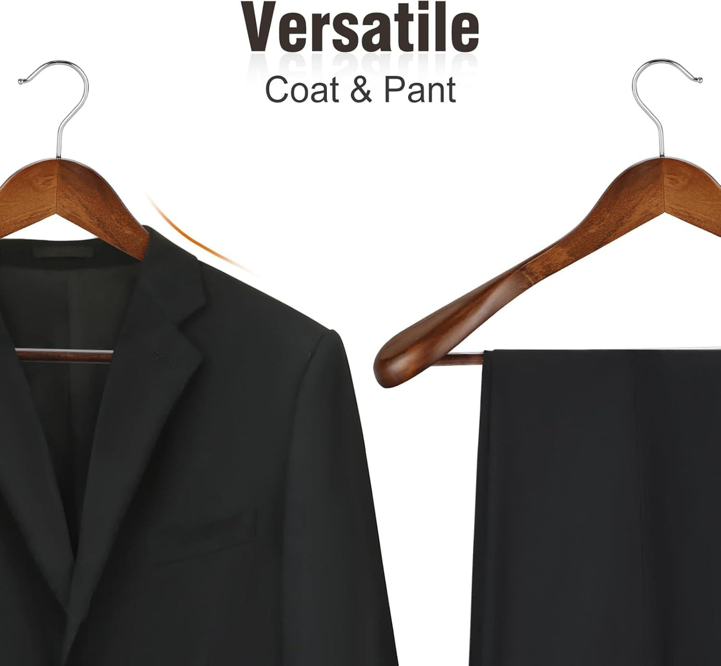 Walnut wooden coat hanger holding a dark suit jacket and pants, side view