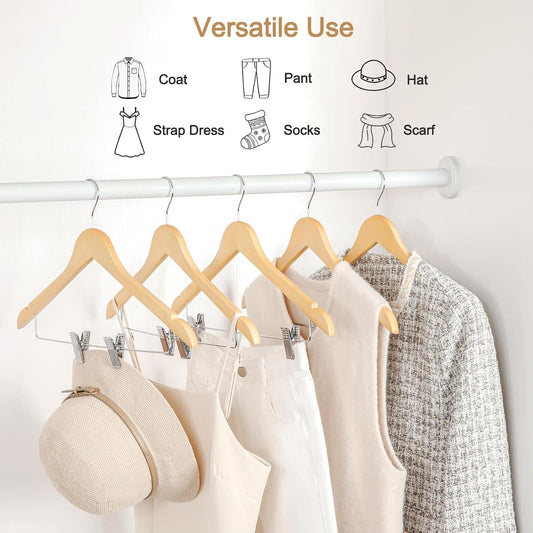 Pack of light wood hangers with adjustable metal clips on a hanging rod