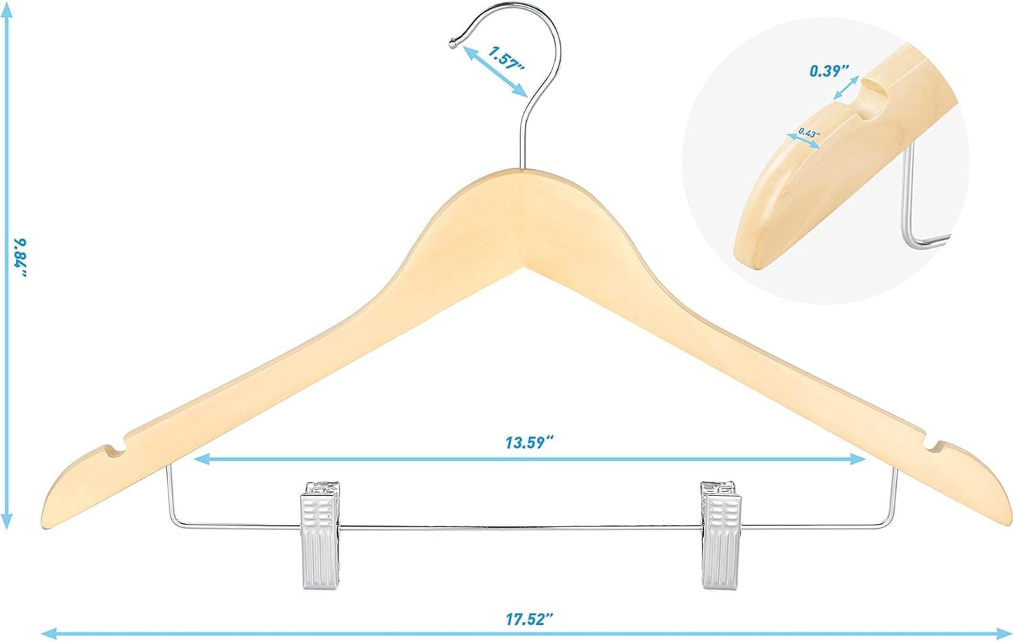 Light wood hanger size diagram with curved hook and adjustable clip positions