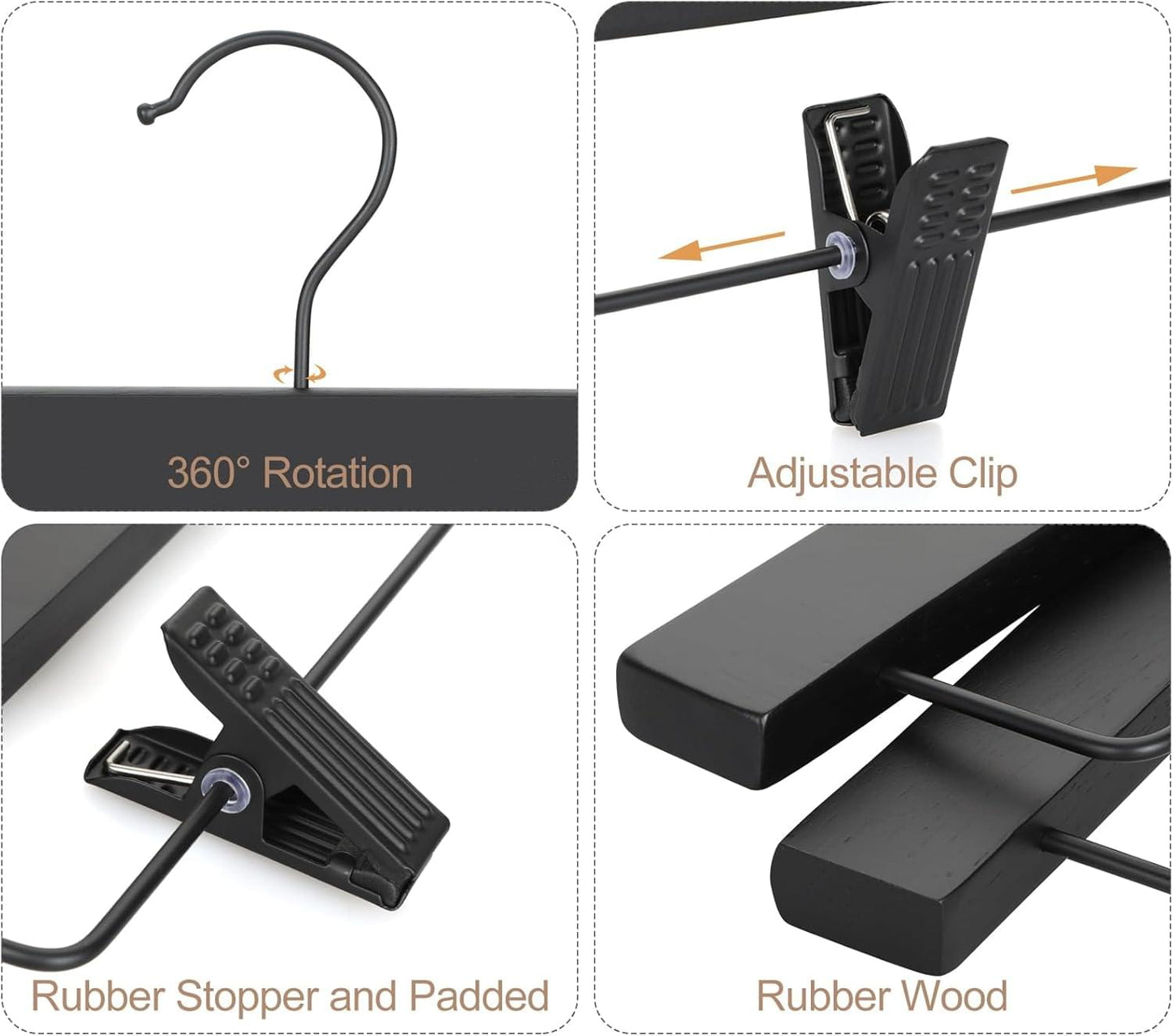 Black pants hanger with 360° rotatable hook and adjustable clip grips