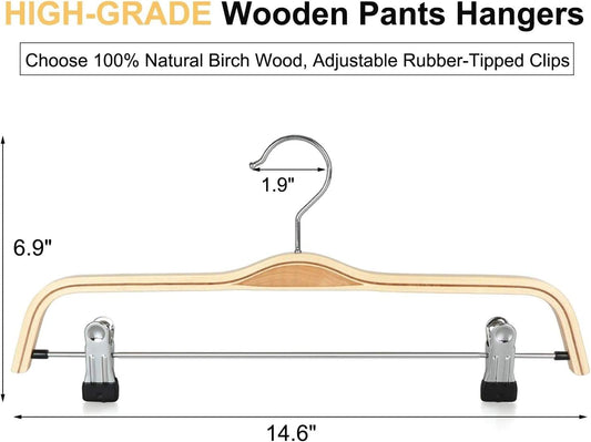 Wooden pants hanger with adjustable clips, natural wood, shown with size markings