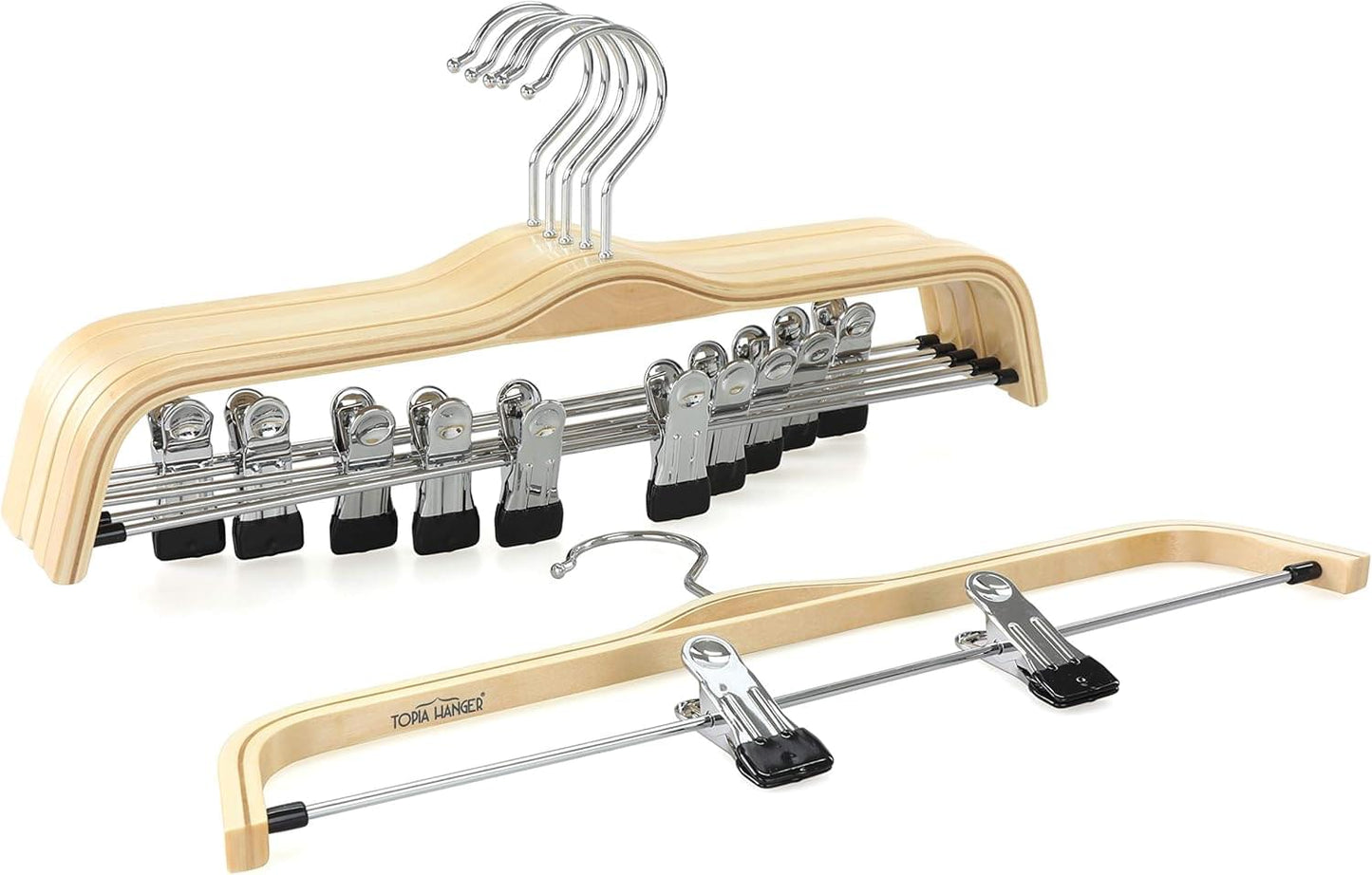 Wooden pants hanger set with chrome bars, black clips, and curved metal hook, natural wood