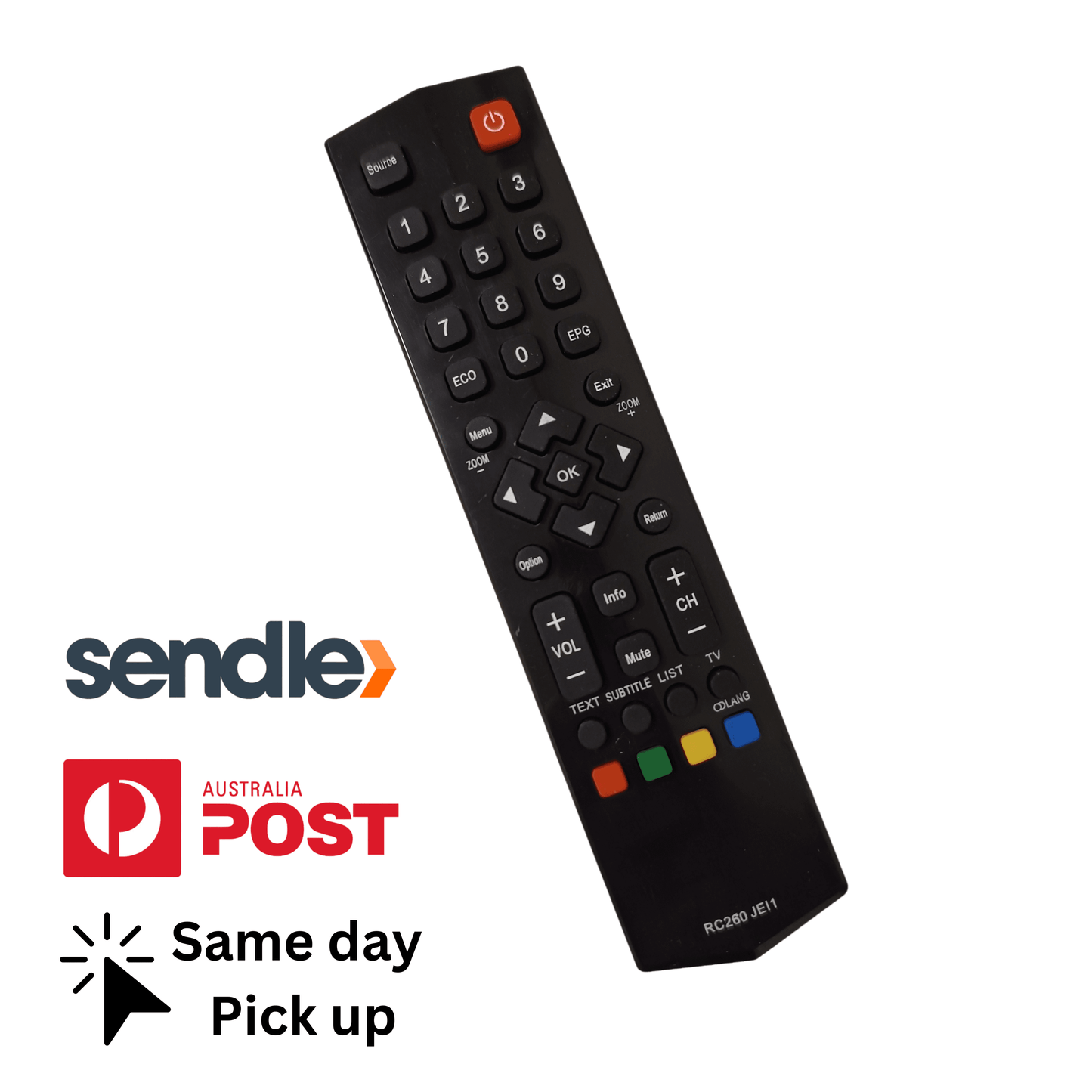 Black TV remote control with numbered buttons and power, volume, and navigation keys