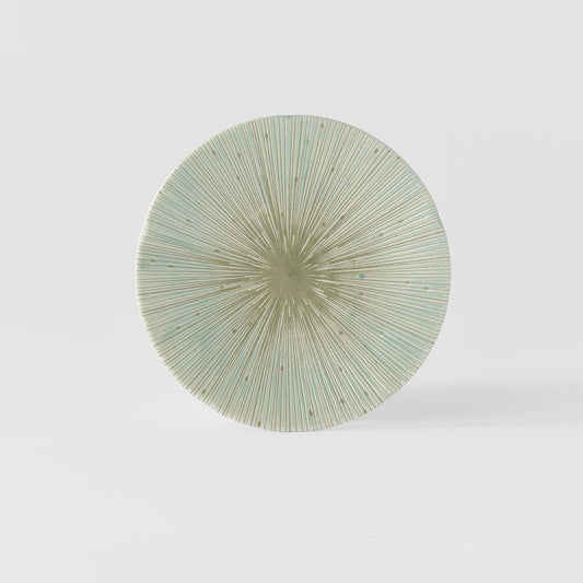 Tapas plate with pale ice green round glaze and starburst radial ridges