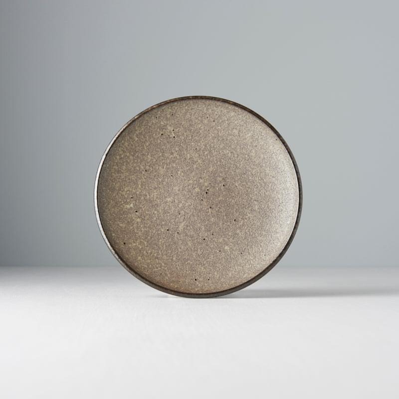 Round tapas plate, 17cm, speckled taupe-brown ceramic, flat centered view.