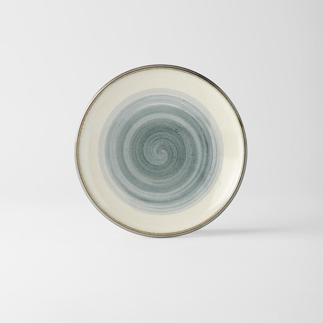Round tapas plate with blue-gray swirl pattern, cream glaze, and gold outer rim