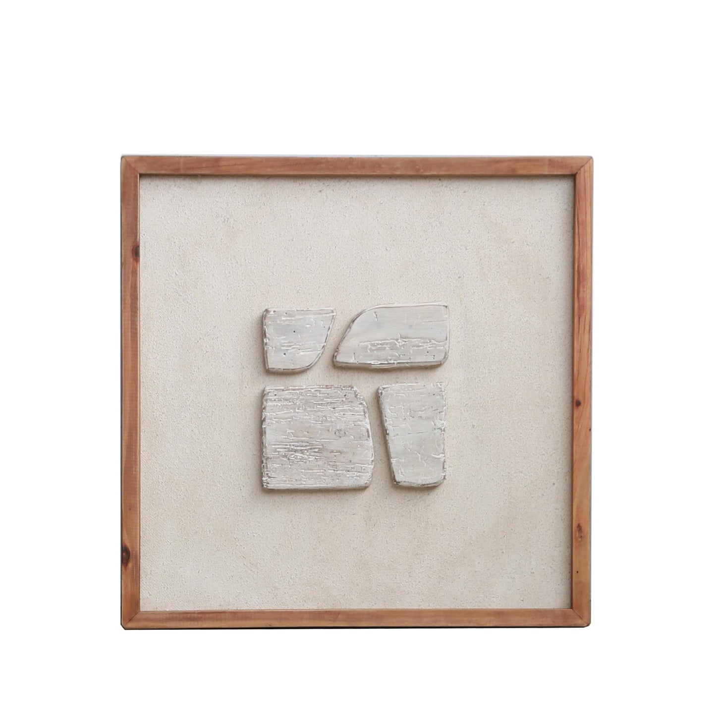 Framed wall art with four distressed white block shapes inside a wooden frame