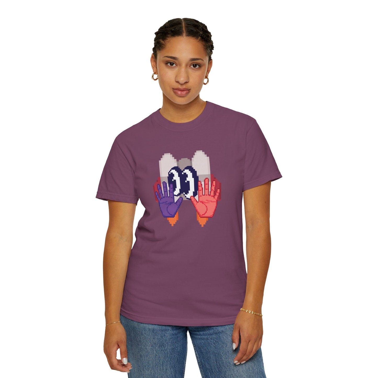 Retro Pixel Mechanical Hands Graphic Tee Garment Dyed Pixel Art Streetwear Shirt Designed by Aprasi S to 3XL