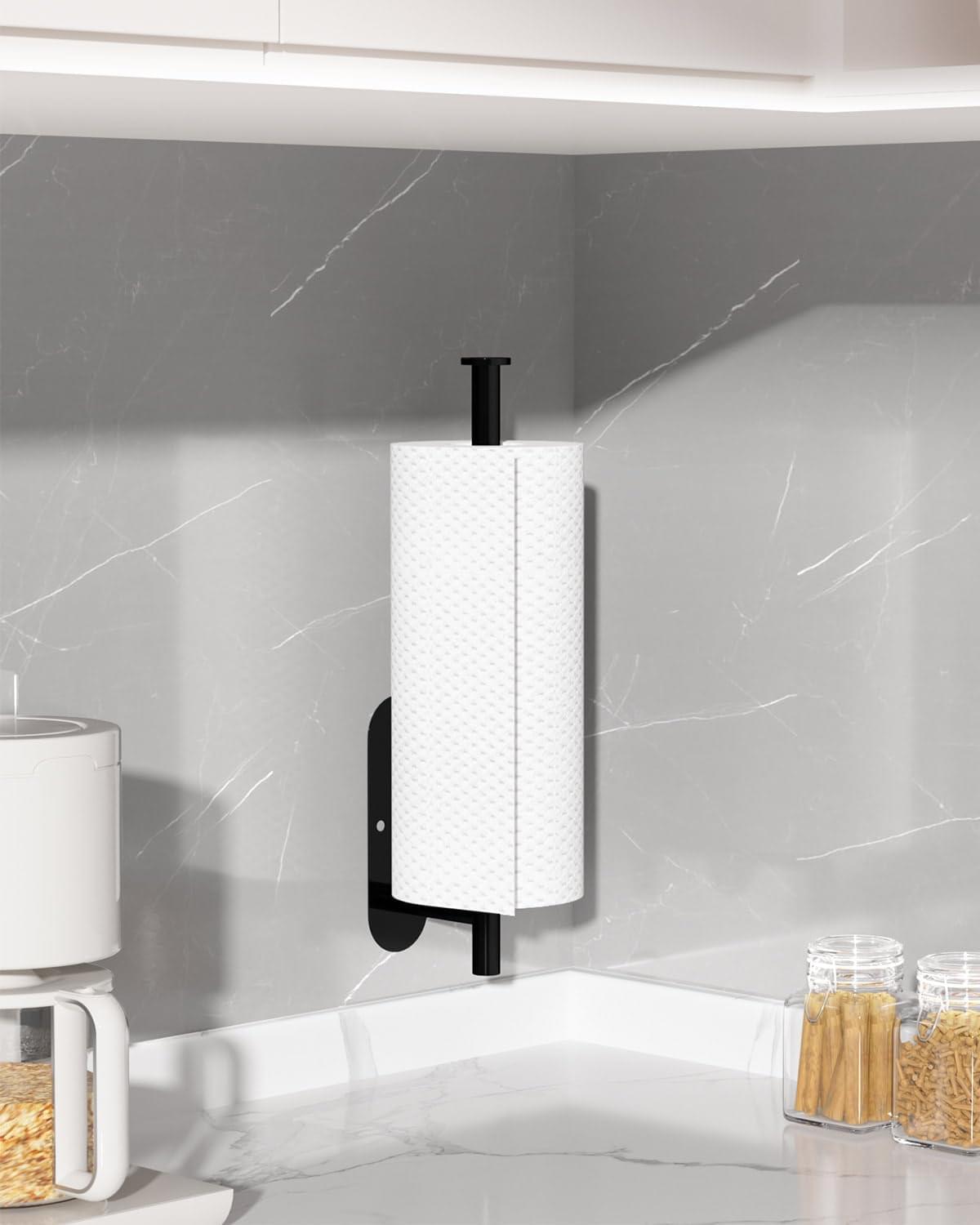Black wall-mounted paper towel holder with white paper towel roll