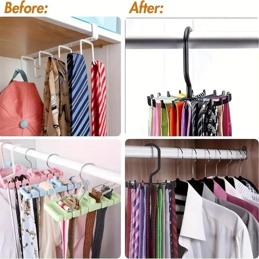 Black tie hanger organizer holding assorted neckties on multiple curved clips