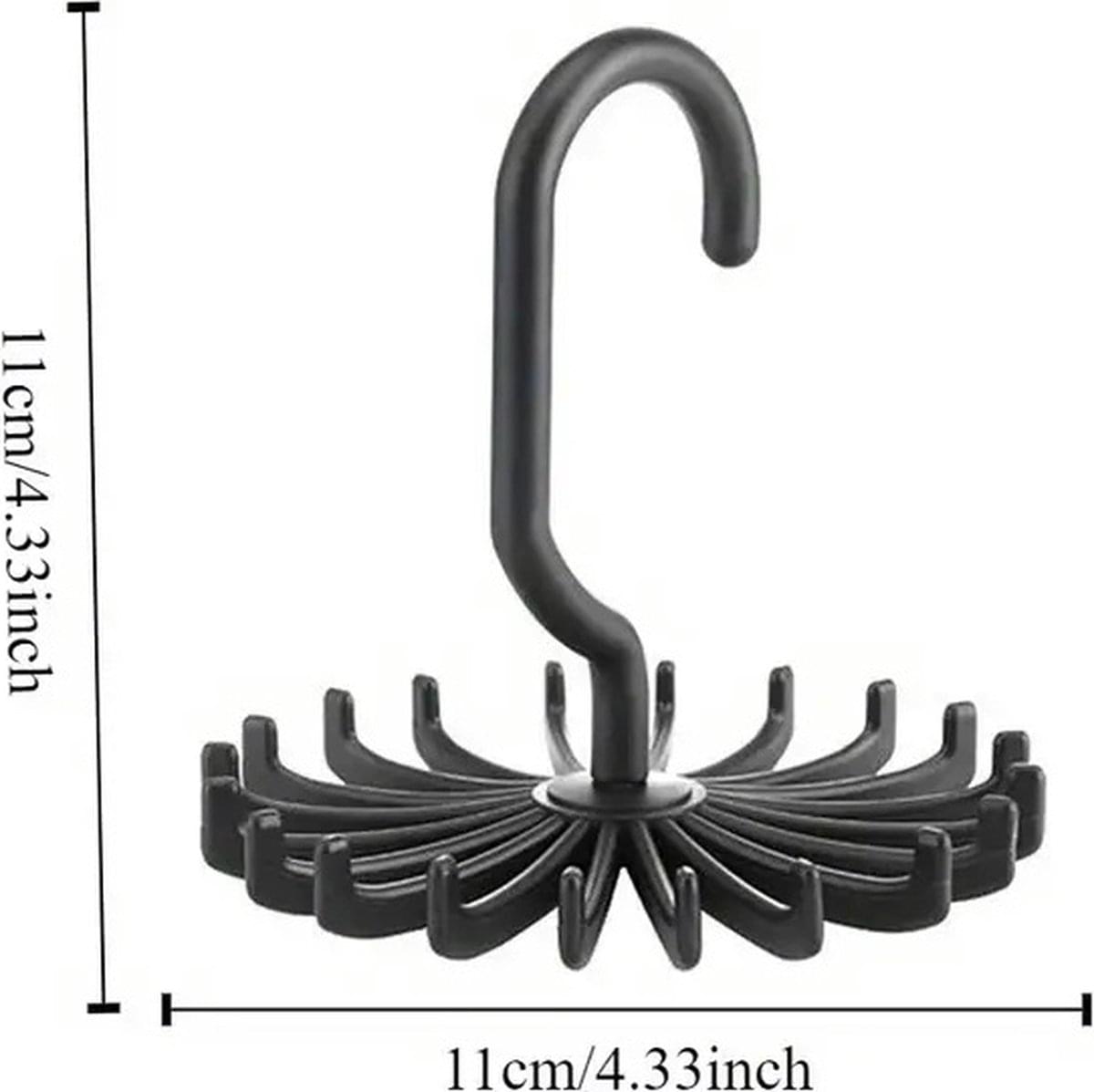 Black multi-hook tie organizer hanger with curved top hook and prongs
