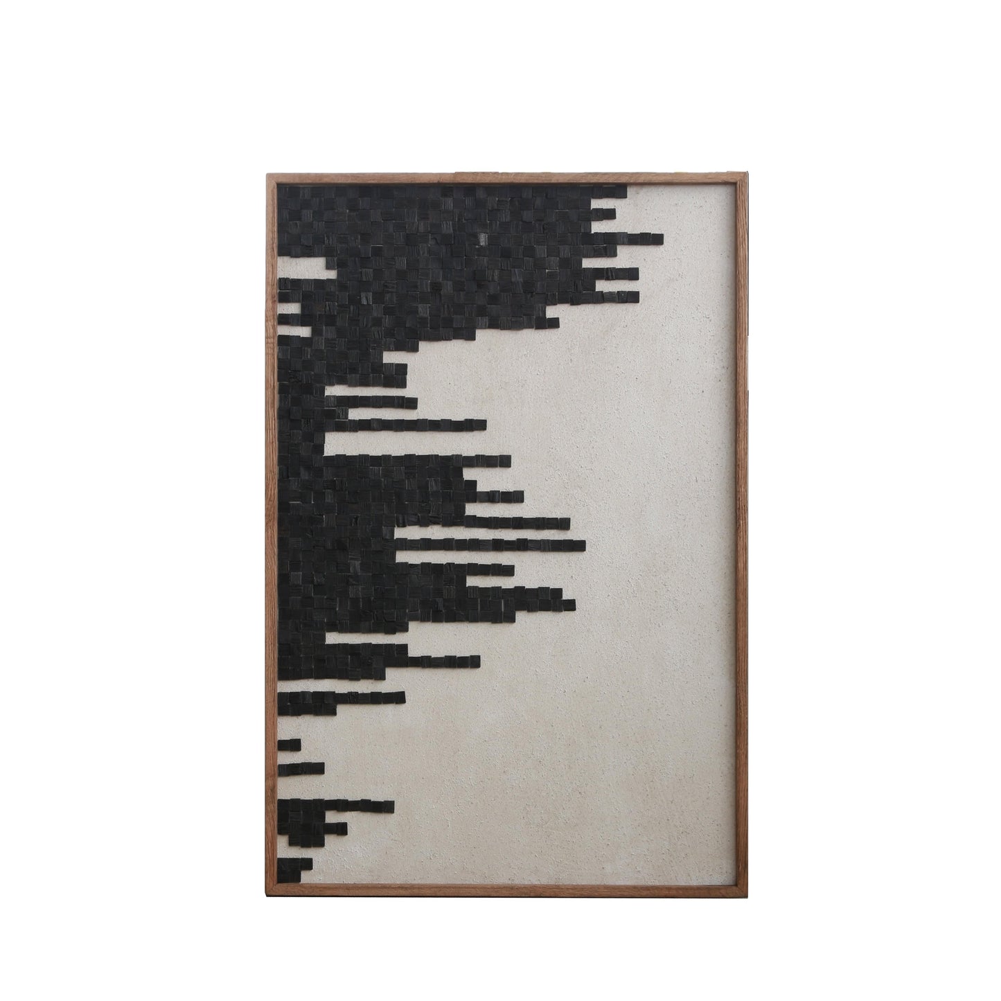 Rectangular framed wall art featuring black mosaic strokes on a white field.