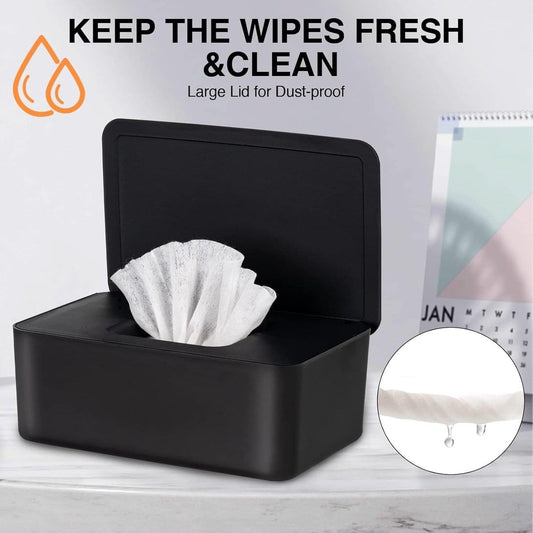 Black dustproof wipe dispenser box with large lid, tissues inside