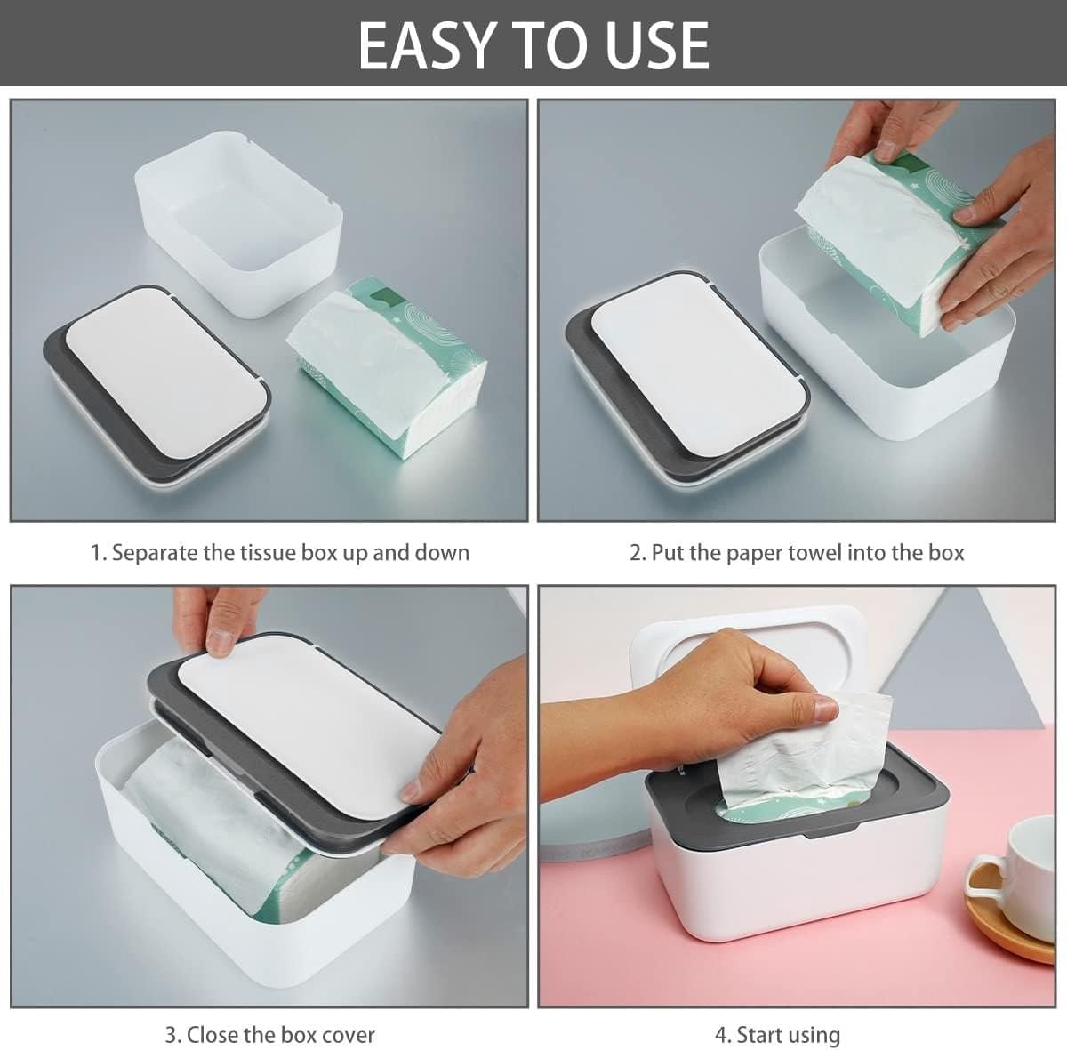 White tissue dispenser box with gray tray, shown with cover open for refilling