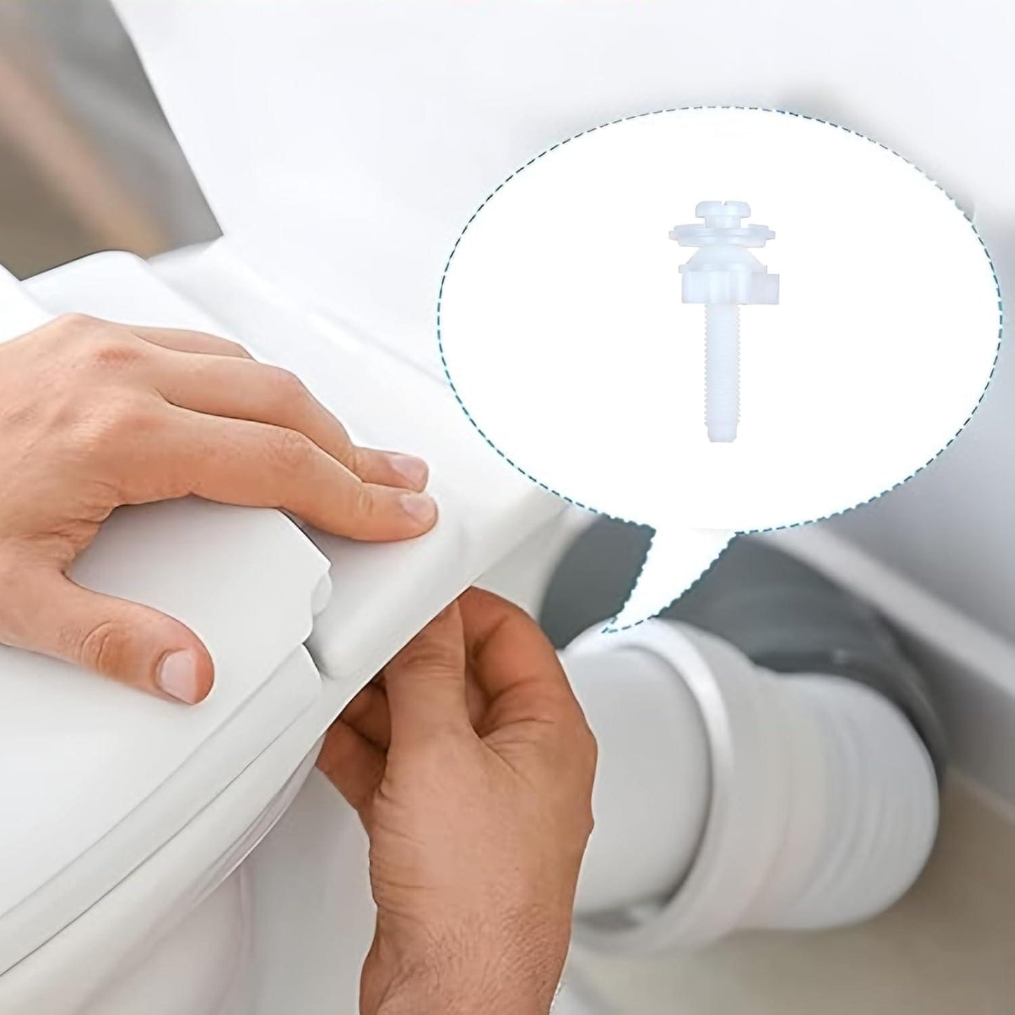 White plastic toilet seat hinge bolt and downlock nut being installed