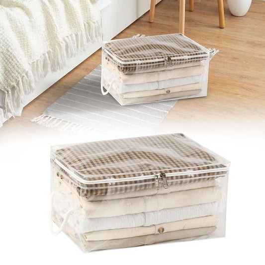 Transparent zipper storage bag with stacked linens, brown plaid top, shown from two angles