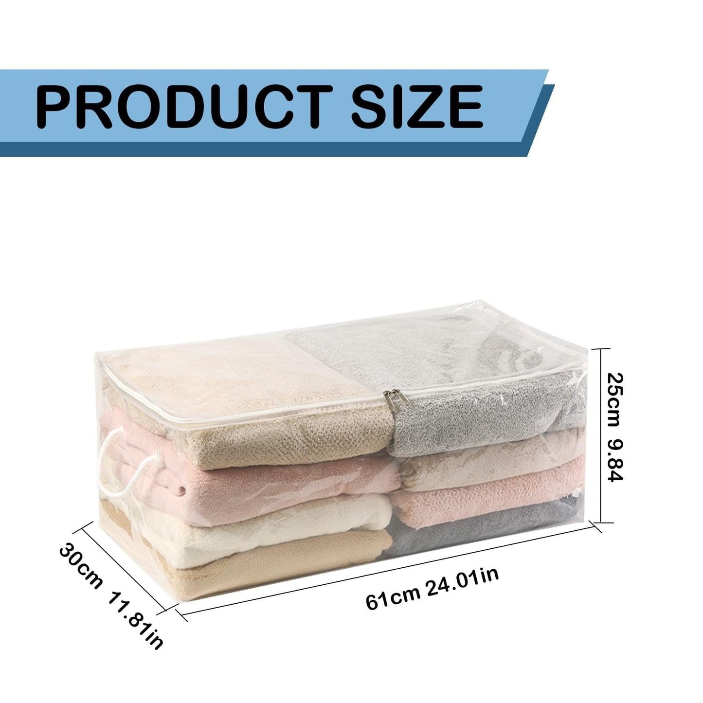 Transparent zipper storage bag with zipper, holds stacked bedding in light colors