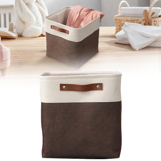 Two-tone fabric storage bag with white top band and dark brown body, closed zipper top