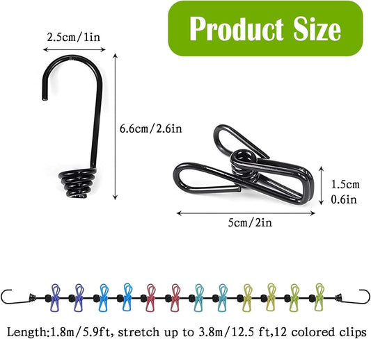 Elastic clothesline end hooks and coiled cord; clips shown along a line