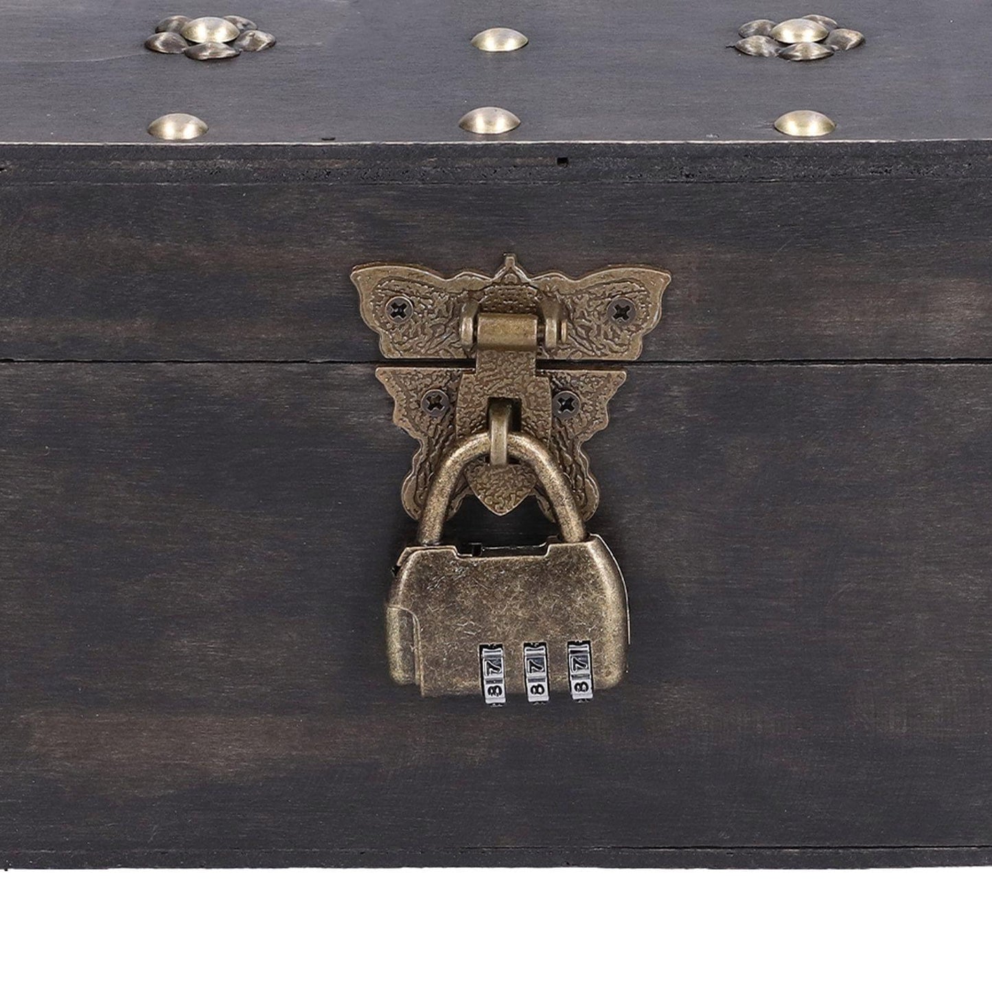 Brass-toned padlock-style latch with code labels on dark wooden storage box