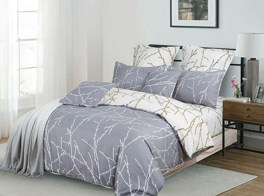 Grey duvet quilt cover set with white branch pattern and green highlights, includes pillows
