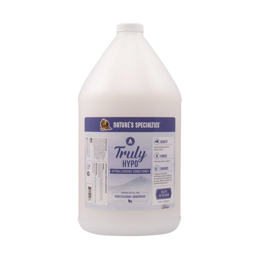 Hypoallergenic conditioner bottle, white with back label and purple Truly Hypo panel