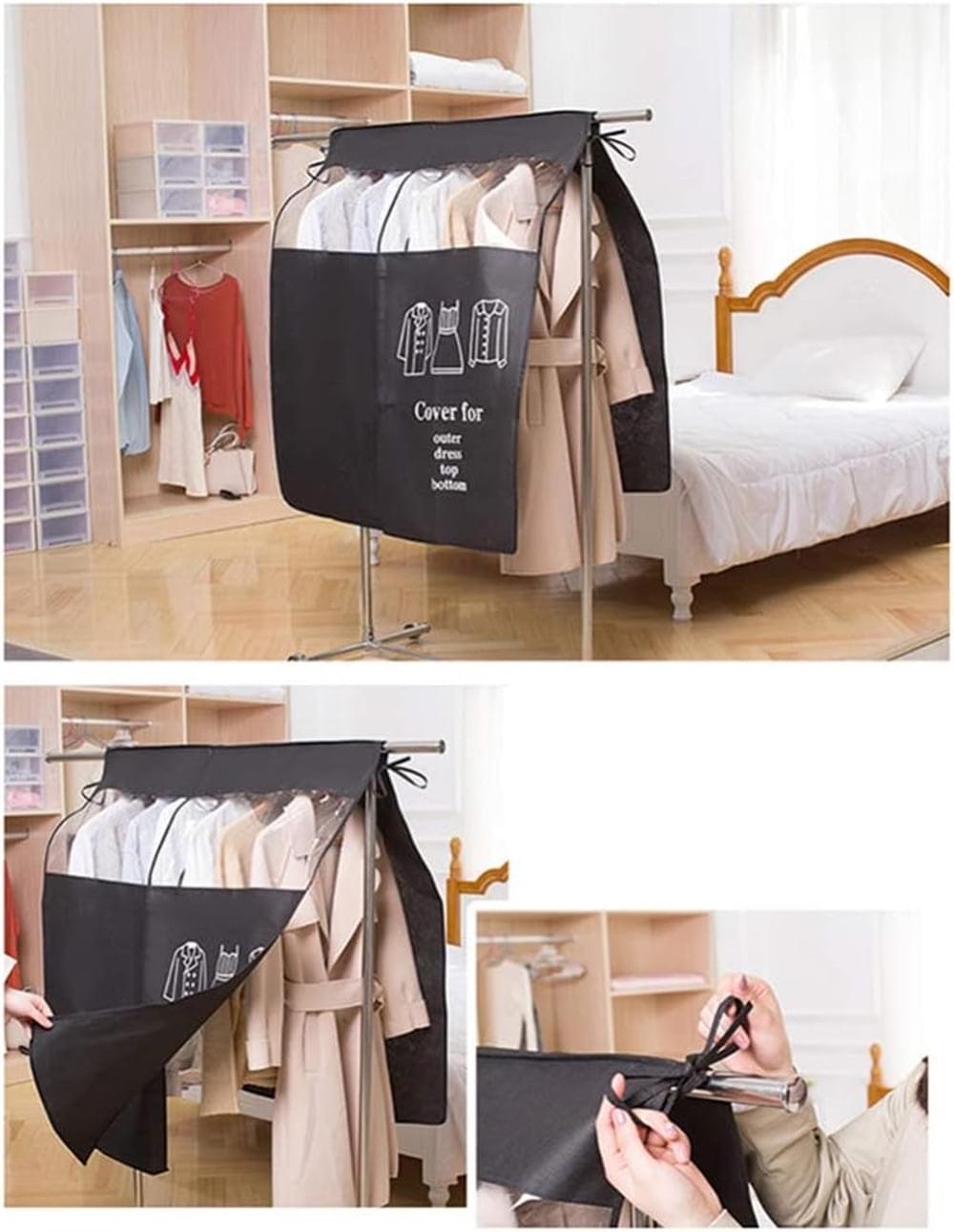 Black enclosed garment rack cover with top drawstring, protecting hanging clothes